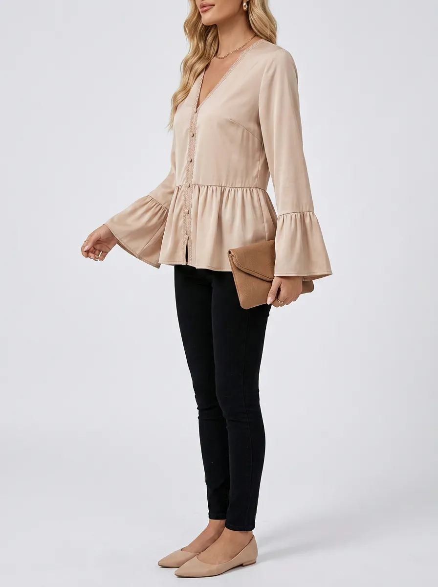 V-Neck Lace Trim Bell Sleeve Buttoned Blouse