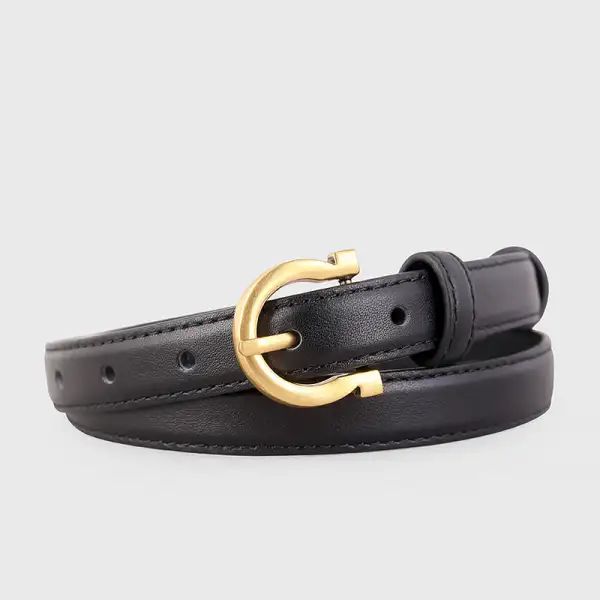 Leather Leather Belt with Golden Buckle