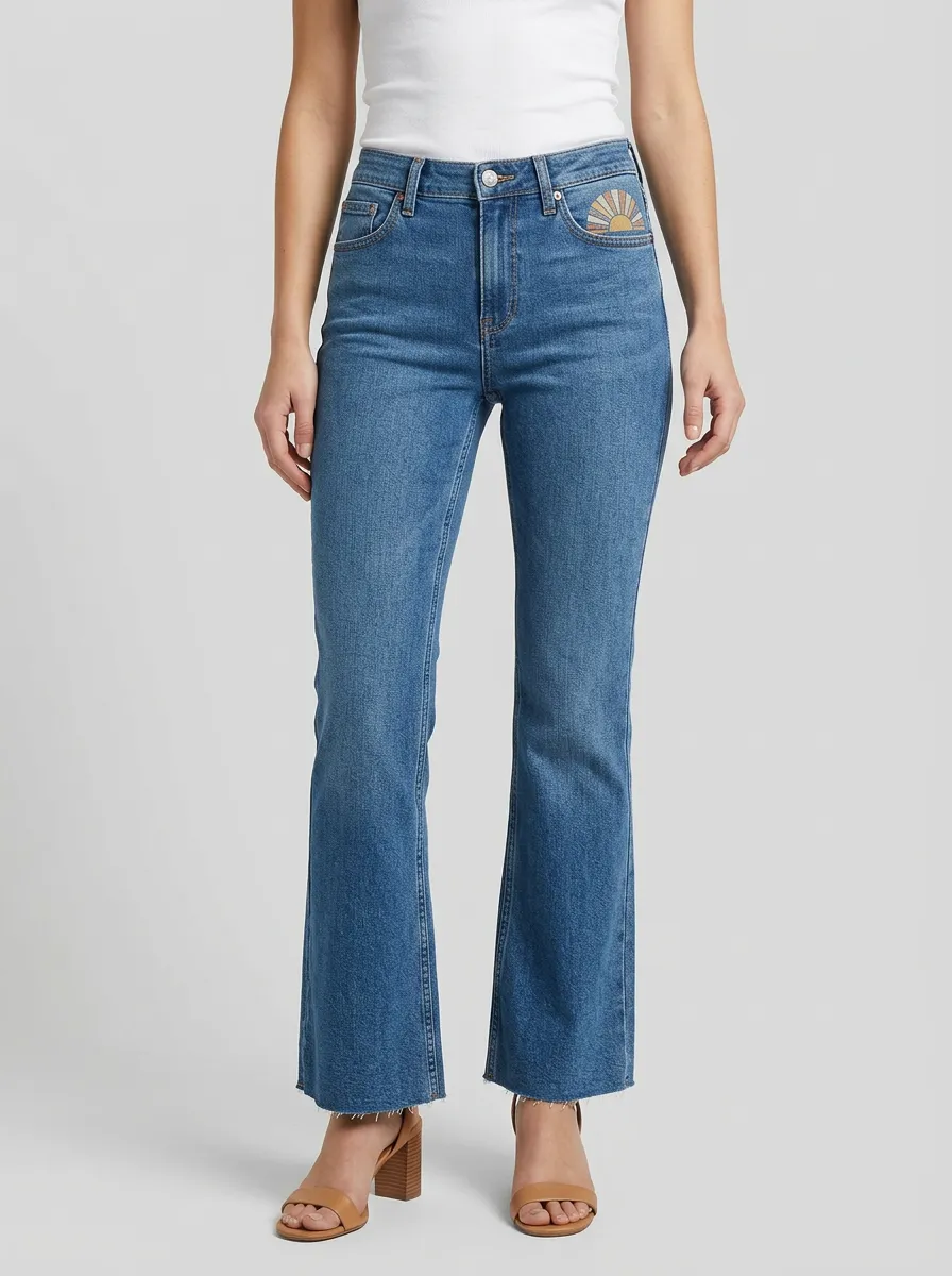 Women's Sun Coin-Pocket Embroidered Raw-Hem High-Rise Flare Jeans