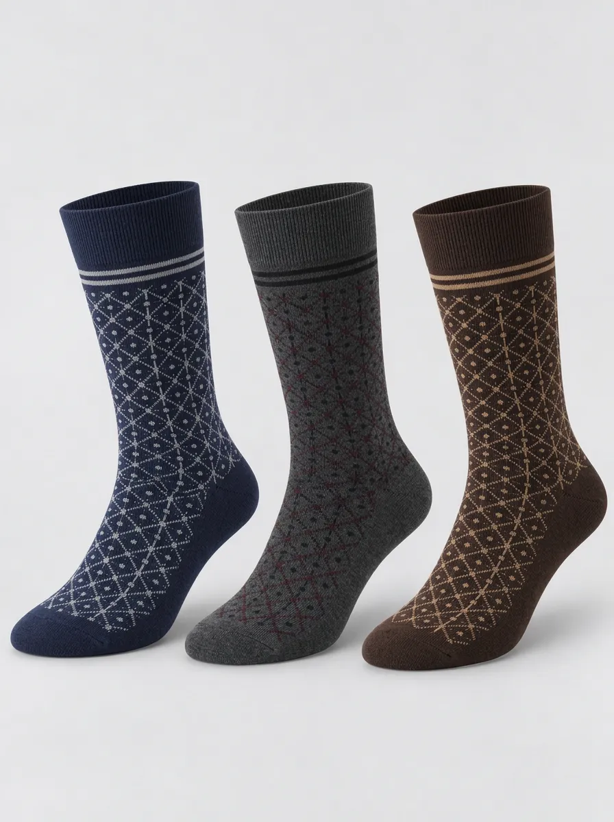Men's Business Casual Geometric Diamond Pattern Printed Socks 3-Pack