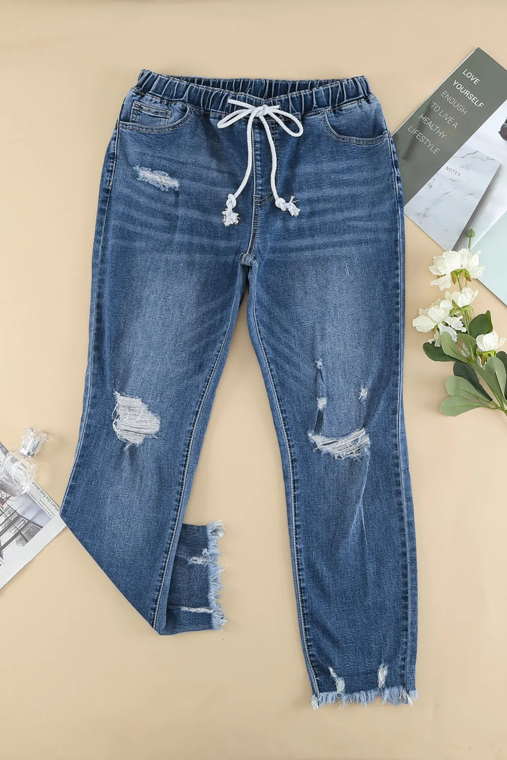 Dark Blue Raw Hem Straight Jeans