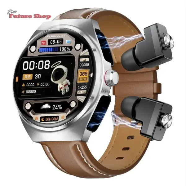 Smart Watch Leather Band with Earbuds 2 in 1