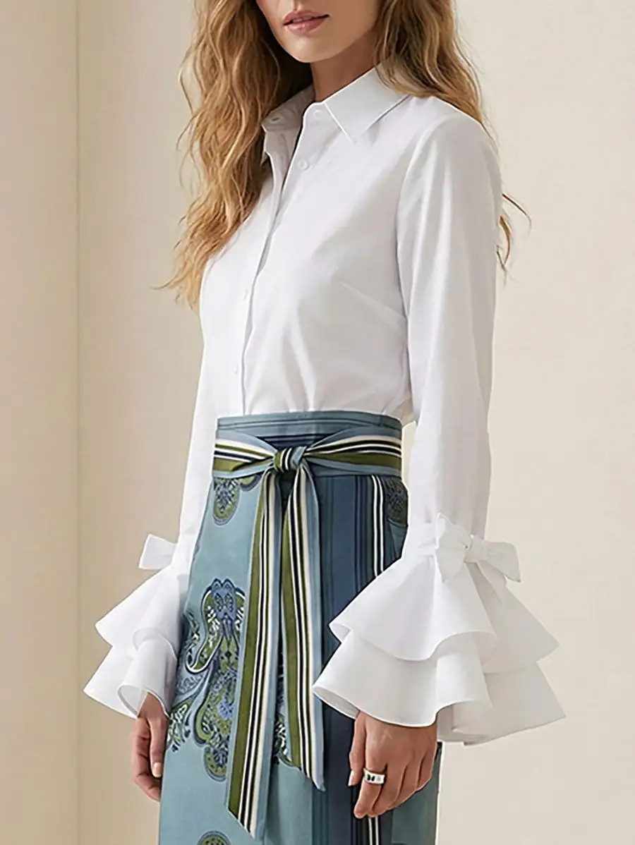 Women's Cotton Ruffled Lapel-Collar Blouse