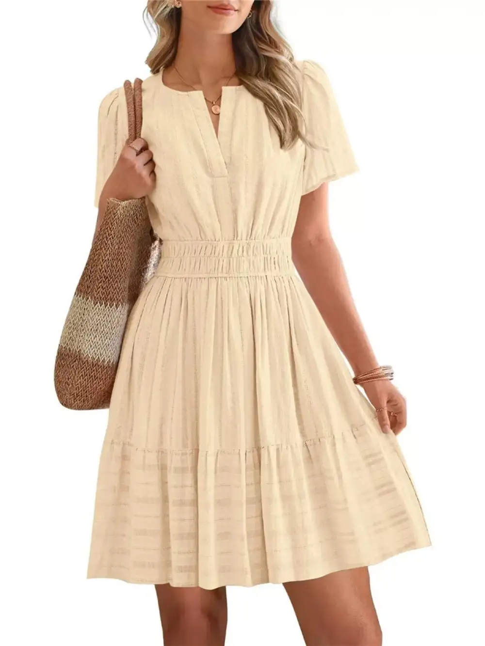 Tiered Smocked Short Sleeve Casual Dress