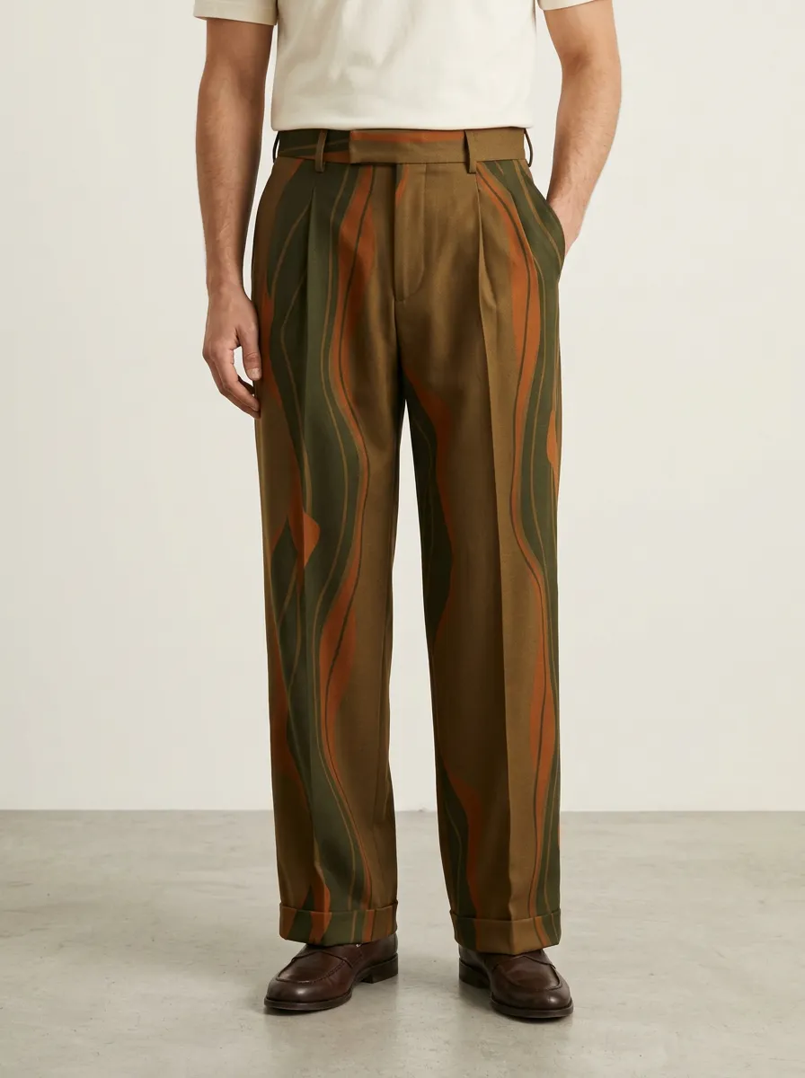 Men's Abstract Wave Pattern Printed Wide Leg Trousers Relaxed Design