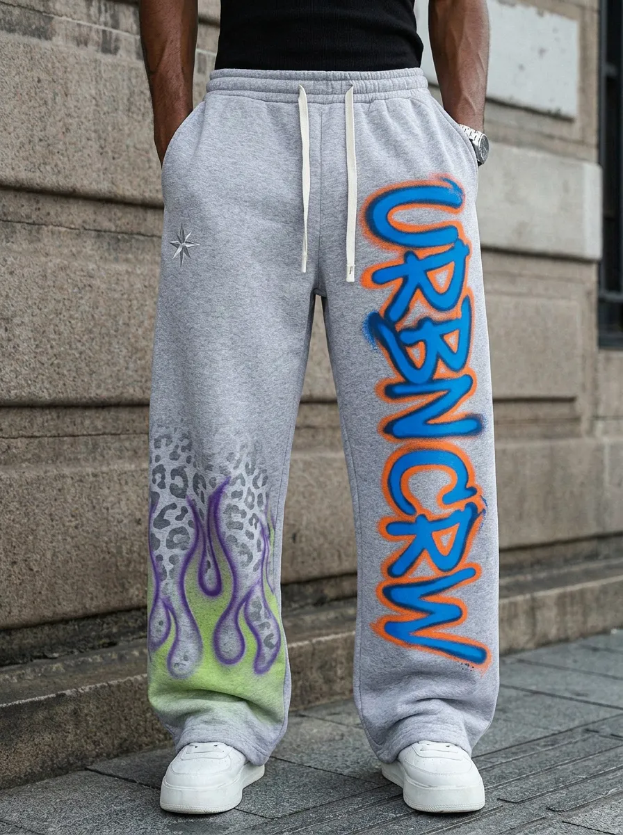 Men's Streetwear Graffiti Leopard Flame Printed Sweatpants