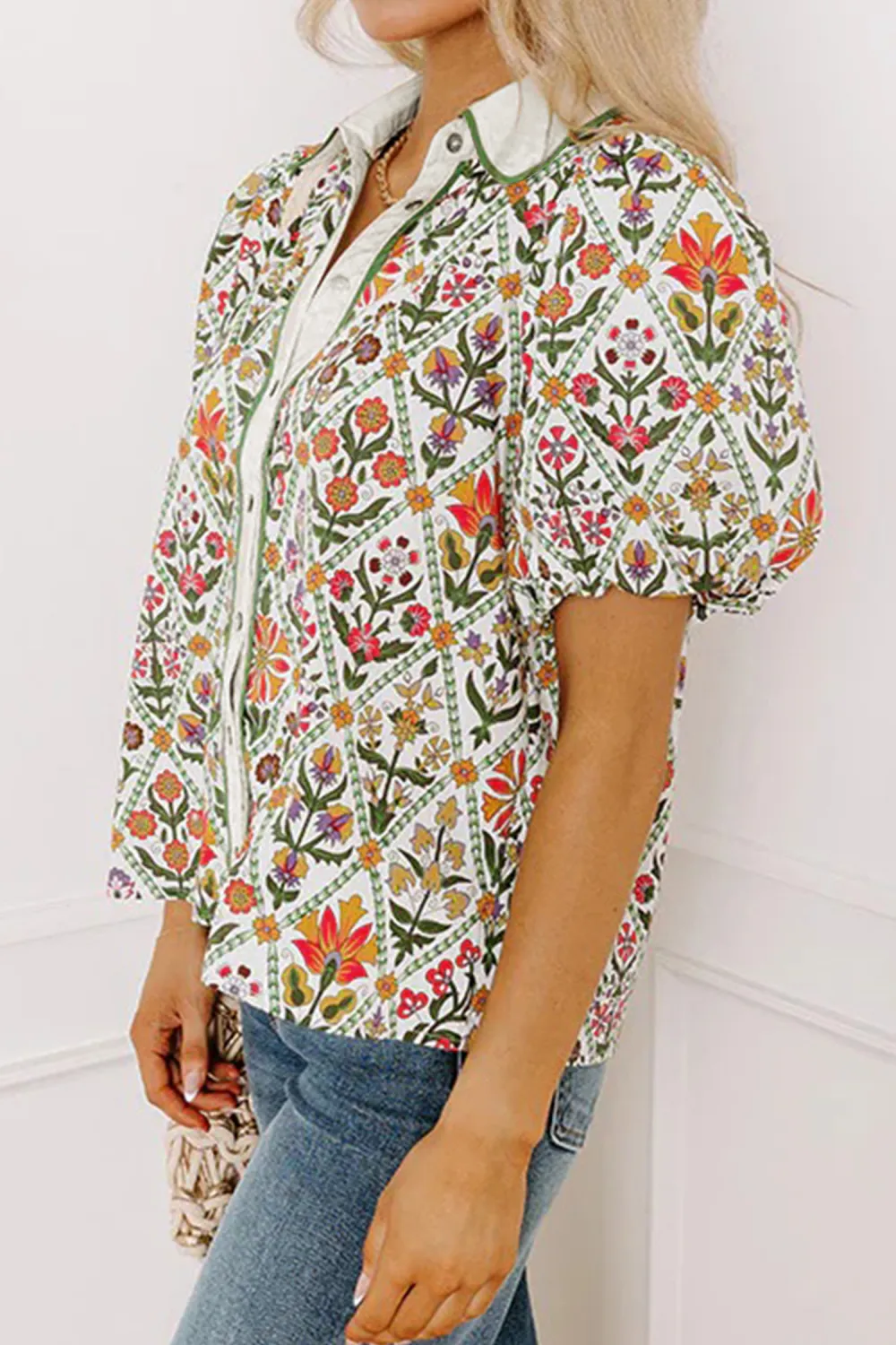 Green Short Bubble Sleeve Floral Shirt