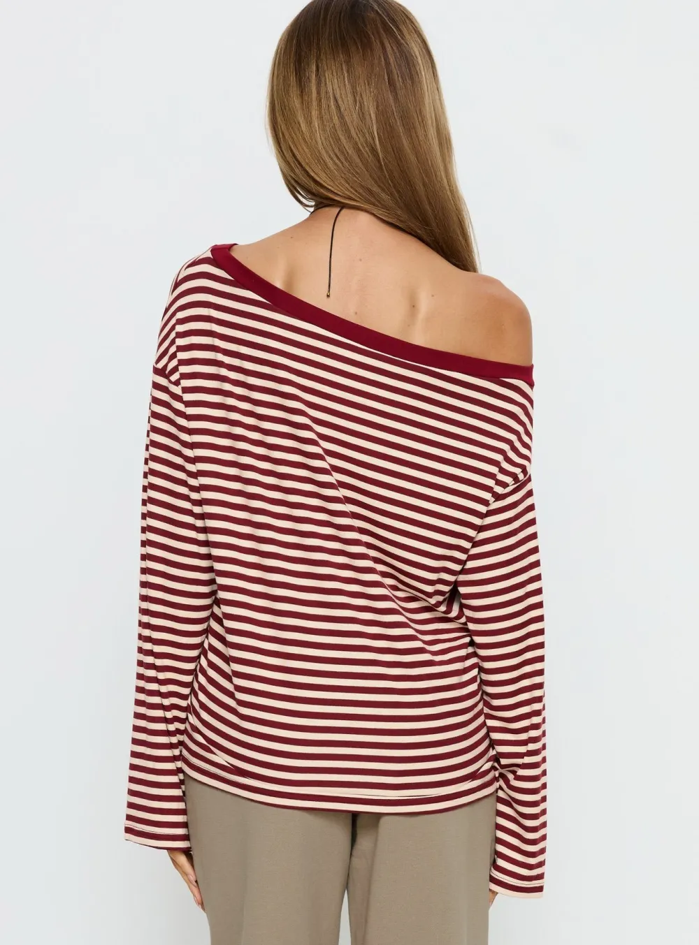 Red Striped Off-Shoulder Long Sleeve Knit Top