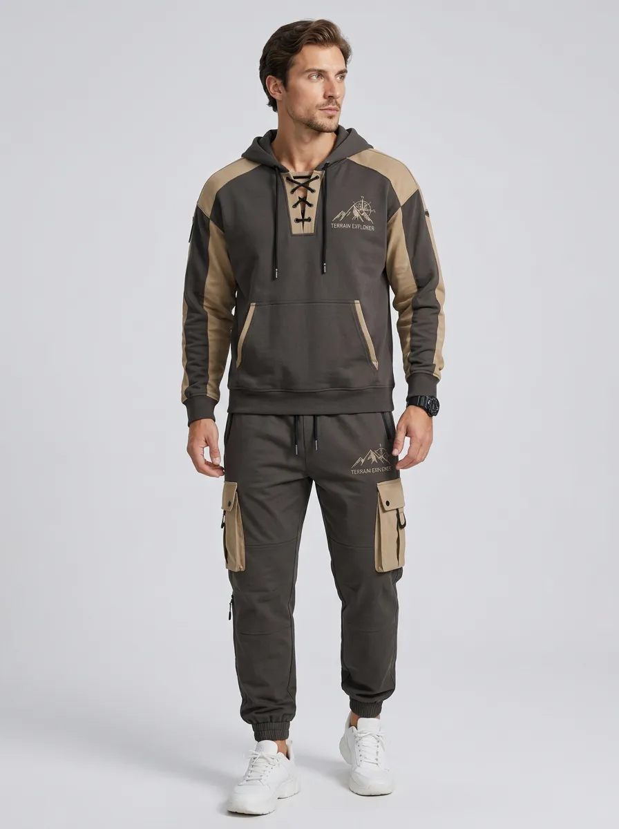 Urban Lace-Up Mountain Graphic Casual Look Men's Lace Up Hoodie And Cargo Jogger Set