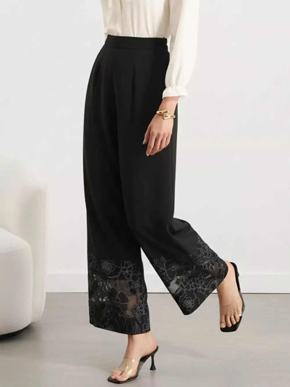 Wide Leg Lace Trim Floral Versatile Pants