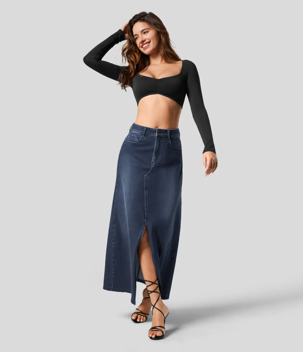 Magic Mid Rise Button Zipper Multiple Pockets Split A Line Stretchy Knit Denim Maxi Casual Skirt