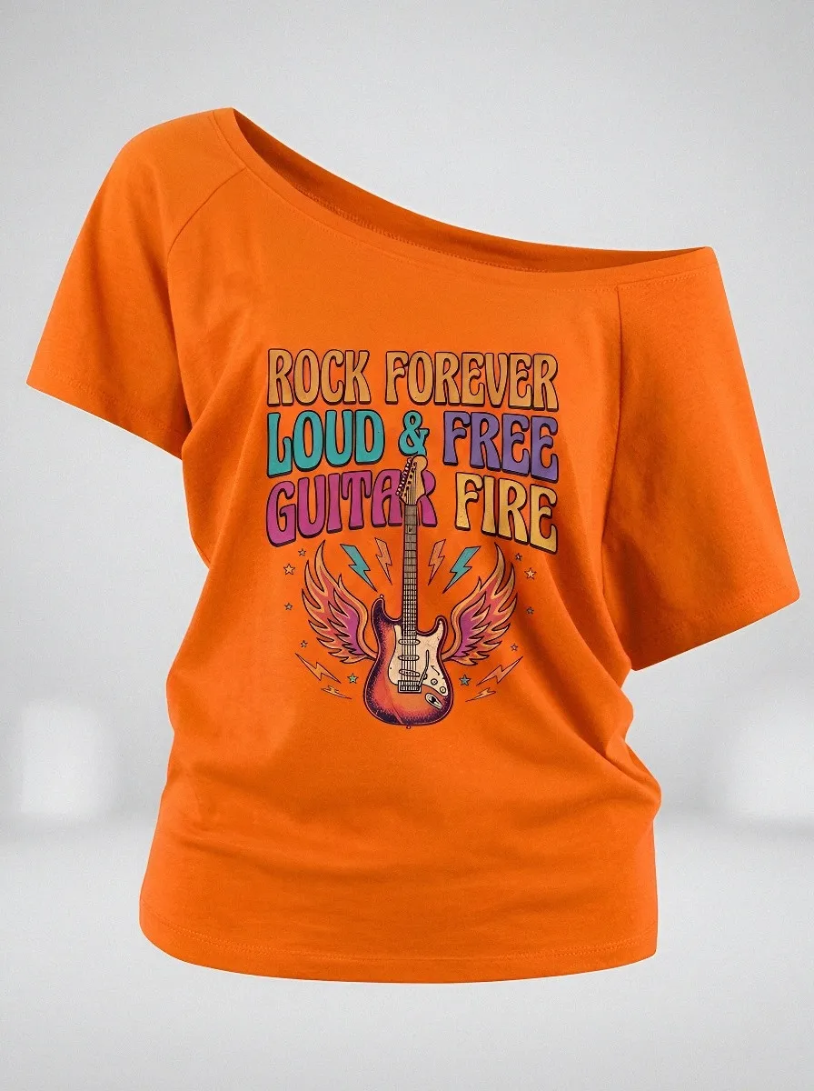 Women's Rock Music Lover Guitar Wings Fire Printed T-shirt