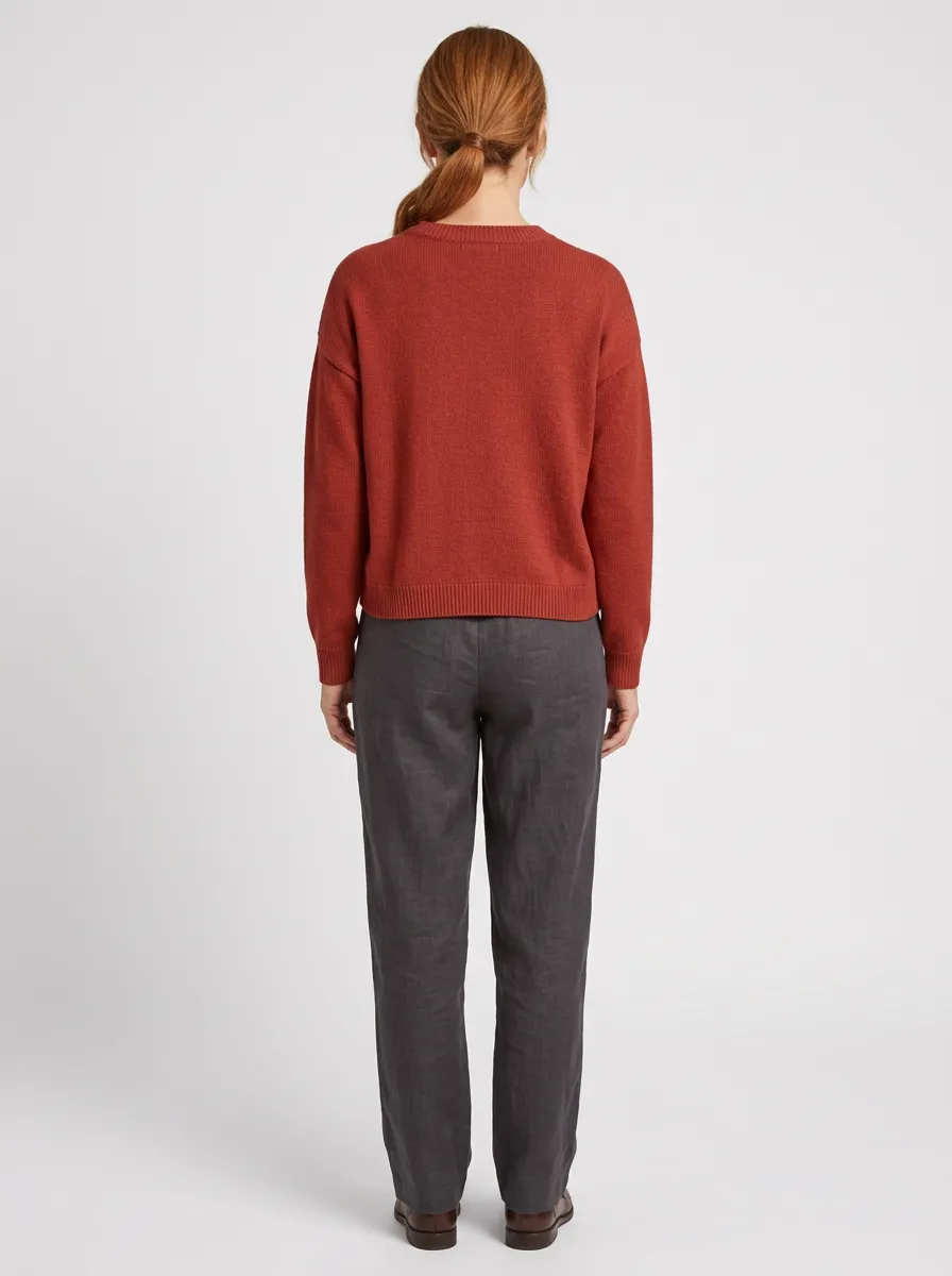 Women's Rust Embroidered Book Motif Crewneck Sweater