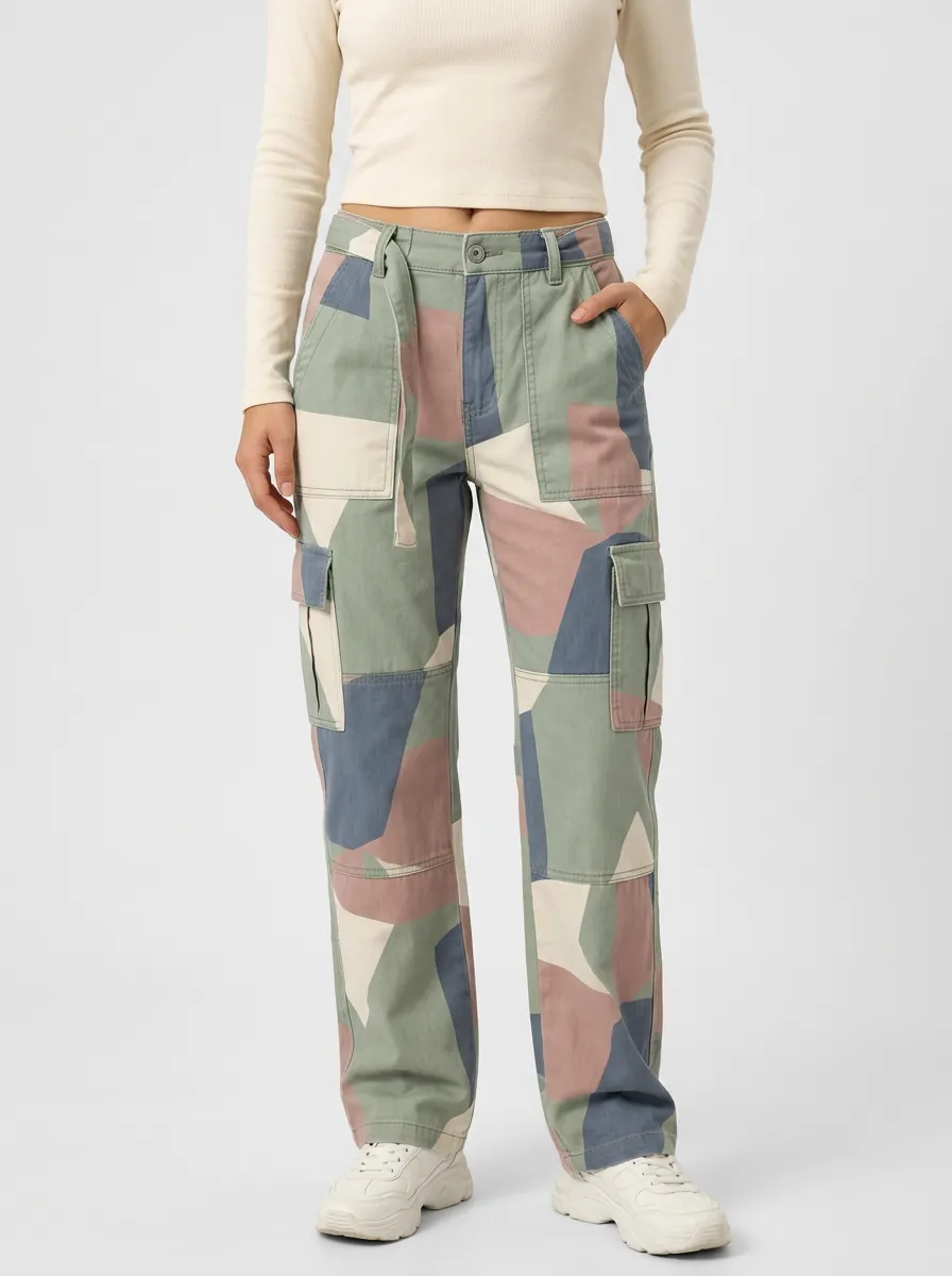 Women's Casual Streetwear Geometric Camo Printed Cargo Pants Set