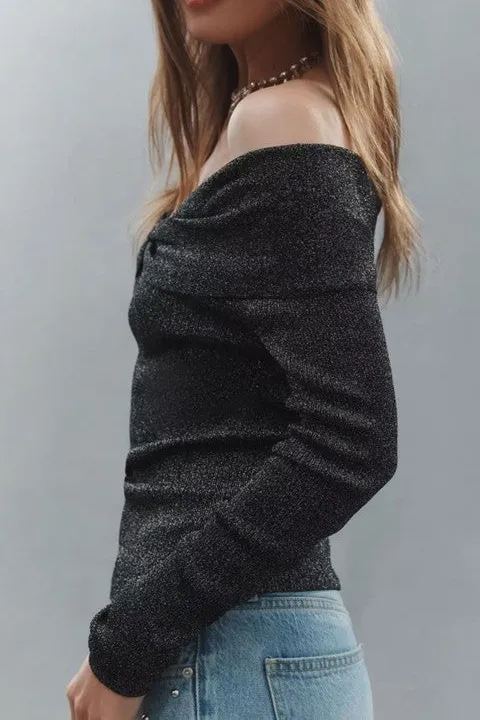 Women's Black Off Shoulder Ribbed Sweater