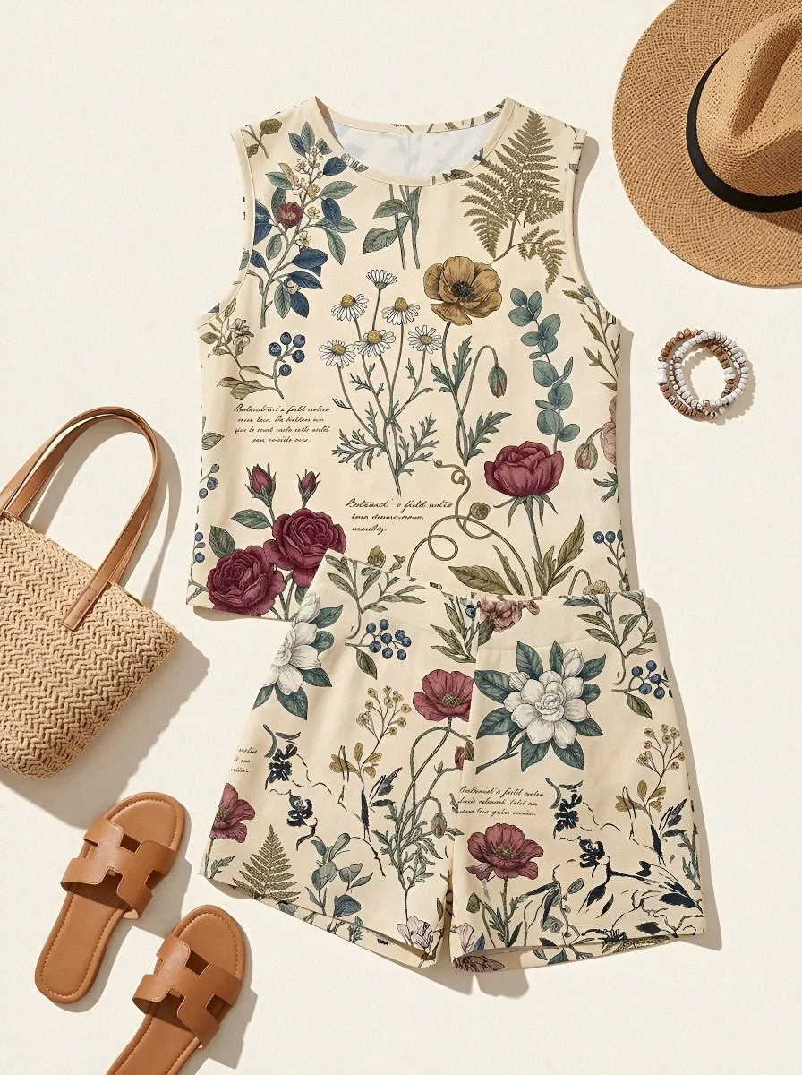 Women's Botanical Garden Floral Script Printed Sleeveless Set