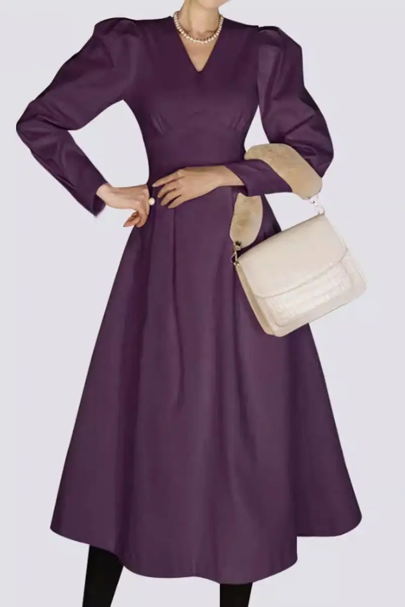 Classic Wool Blend A Line V Neck Long Sleeve Midi Dress