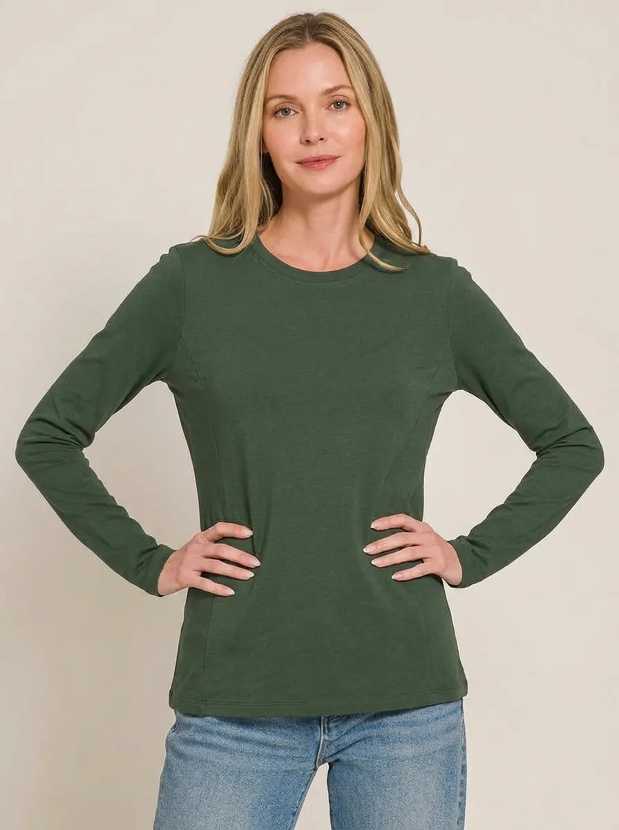 Women's Casual Basic Olive Green Solid Long Sleeve T-shirt