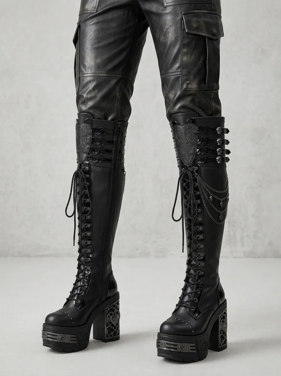 Modern Gothic Skull Lace Lace-Up Profile Women's Gothic Platform Knee High Boots