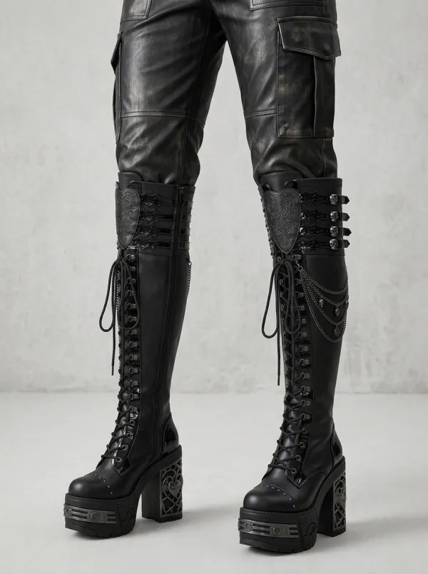 Modern Gothic Skull Lace Lace-Up Profile Women's Gothic Platform Knee High Boots