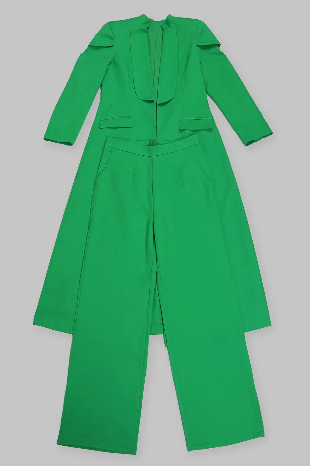Turndown Collar Solid Color Long Blazer High Waist Pants 2pcs Set-Green