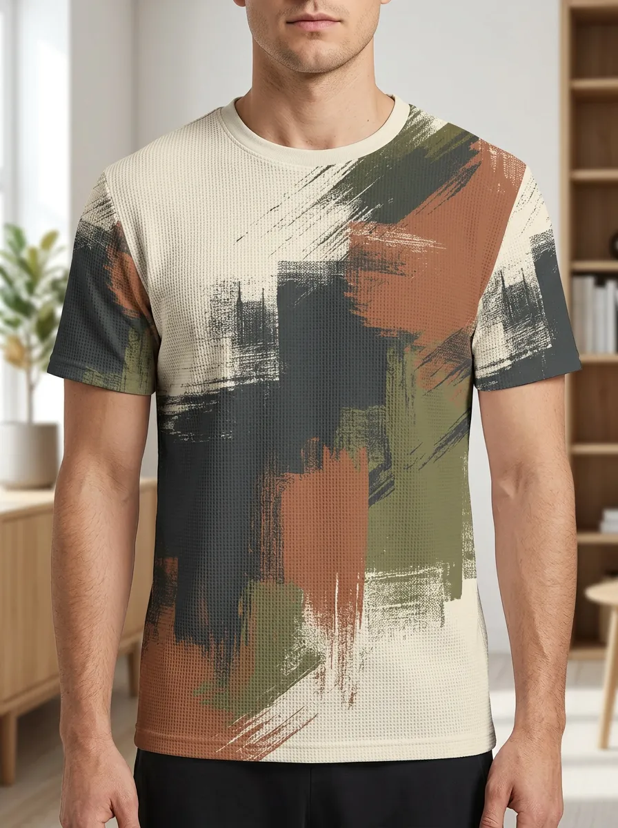 Men's Abstract Brushstroke Earth Tone Crew Neck T-Shirt