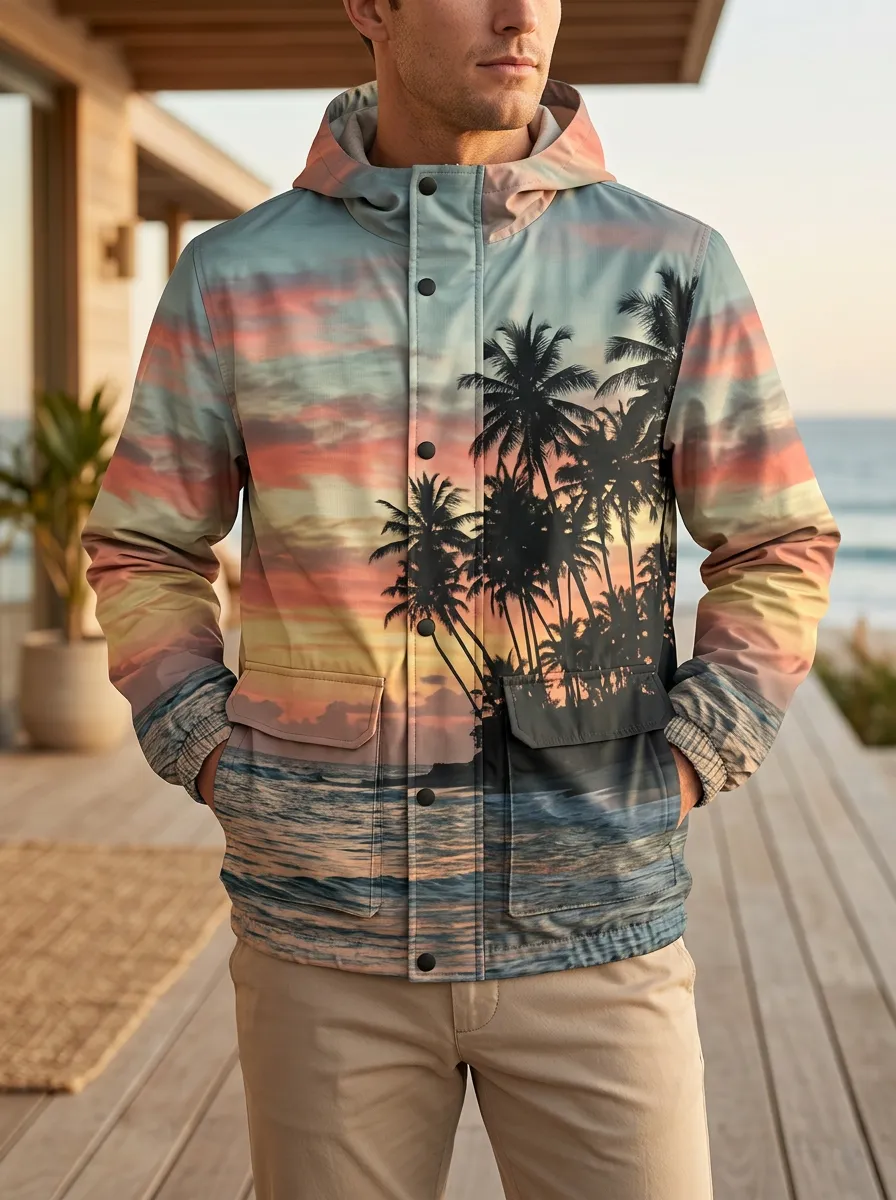 Men's Tropical Beach Sunset Palm Tree Heritage Adventure Jacket