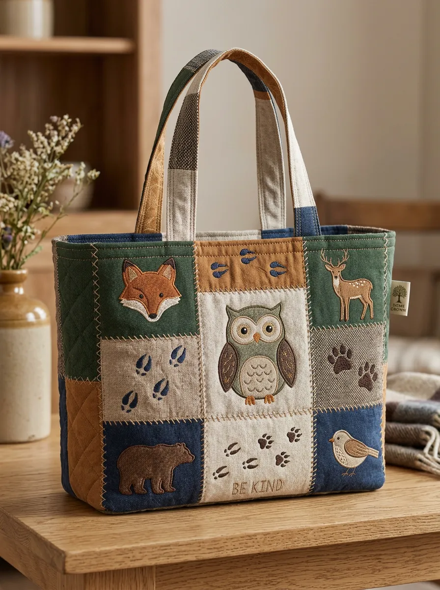 Woodland Animal Lover Patchwork Forest Printed Tote Bag