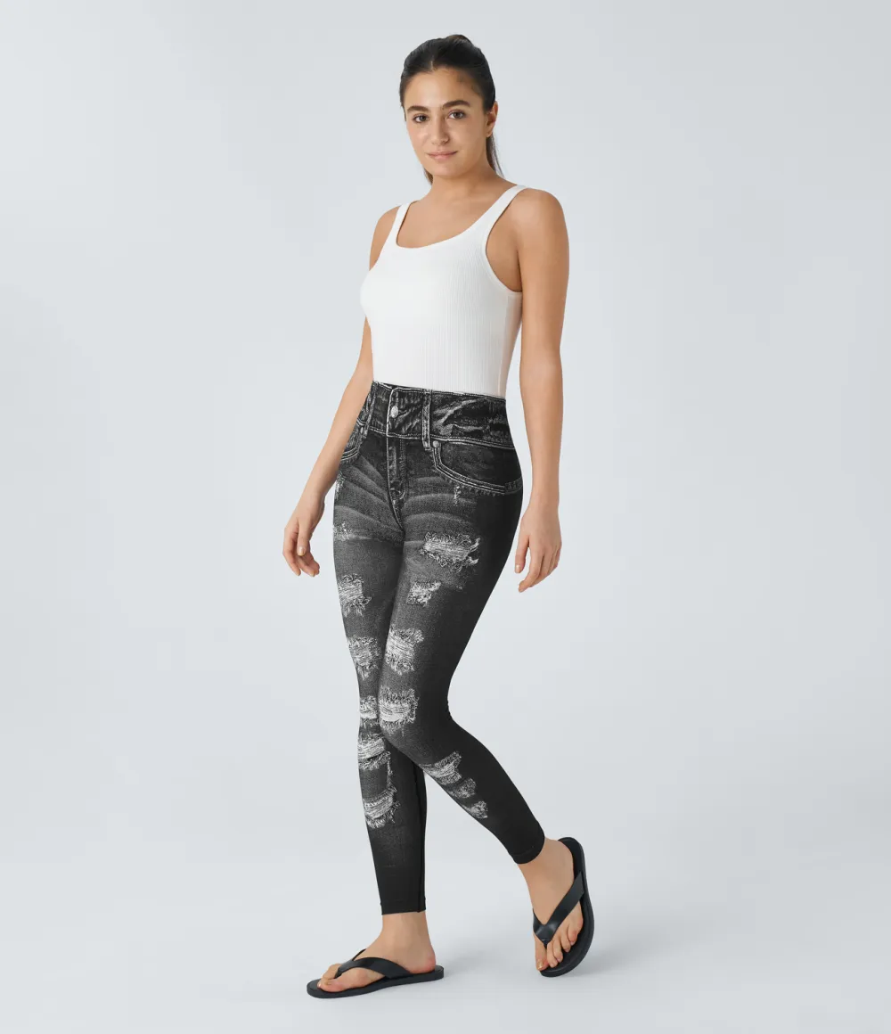 Seamless Flow High Waisted Denim Print Casual Leggings
