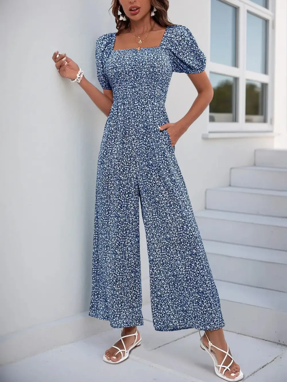 Printed Square Neck Puff Sleeve Everyday Jumpsuit