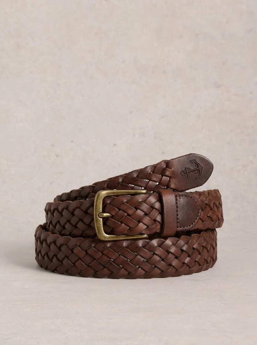 Men's Nautical Anchor Embossed Braided Leather Belt