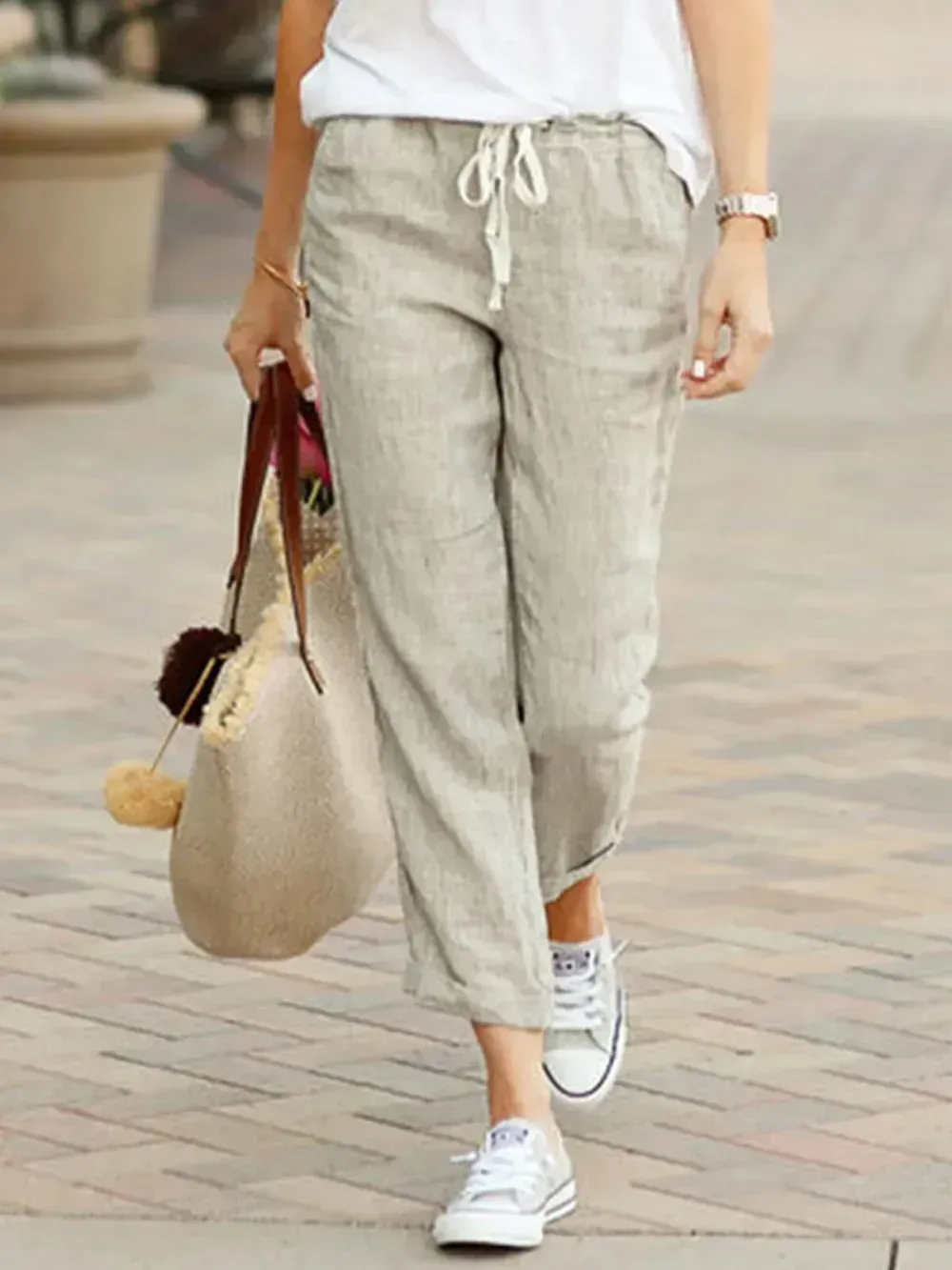 Women's Casual Elastic Waist Cropped Pants