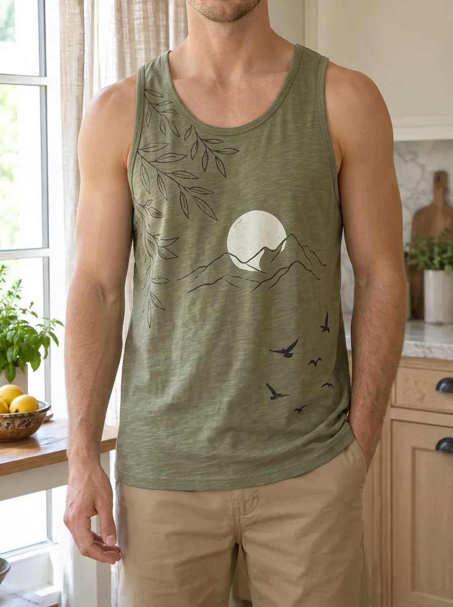 Men's Nature Mountain Moon Leaves Tank Top