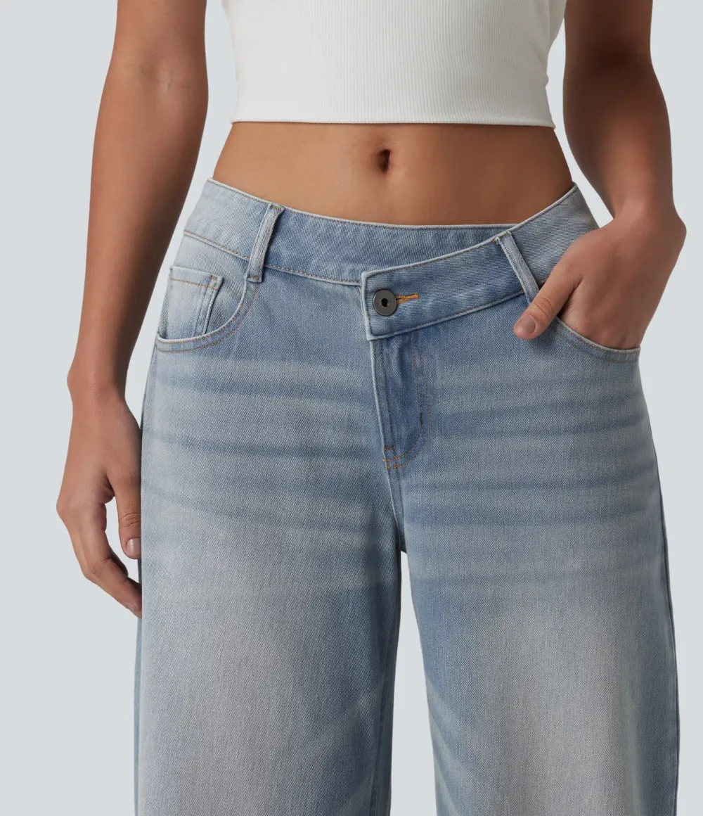 2026🔥  Low-rise wide-leg asymmetric jeans with button, zip, and multiple pockets; stretch knit fabric with a washed finish.