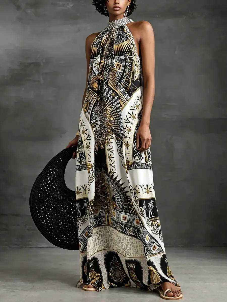 Zipper Printed Neck Maxi Dress
