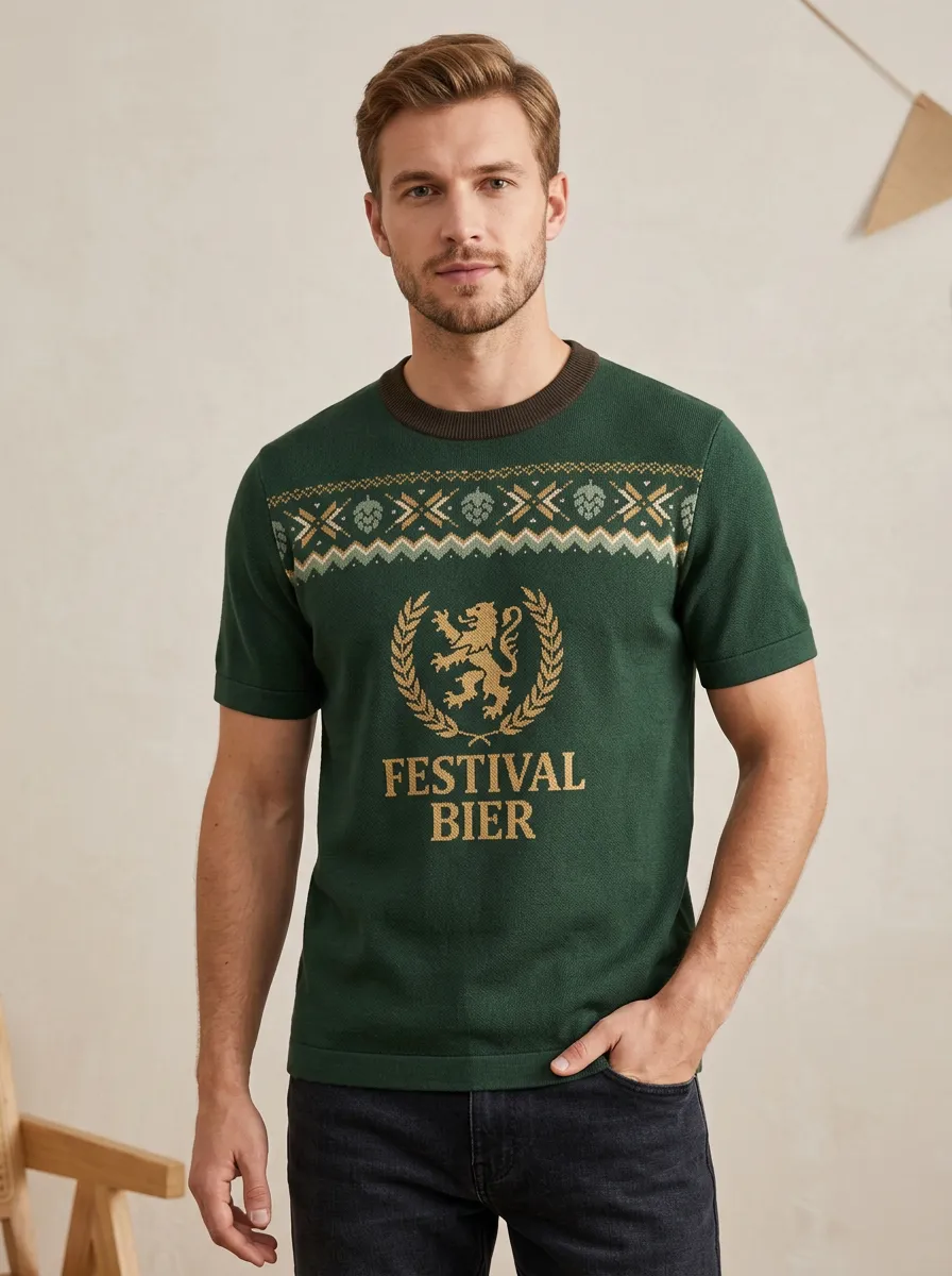 Men's Oktoberfest Beer Lover Lion Hop Pattern Printed Knit T-shirt