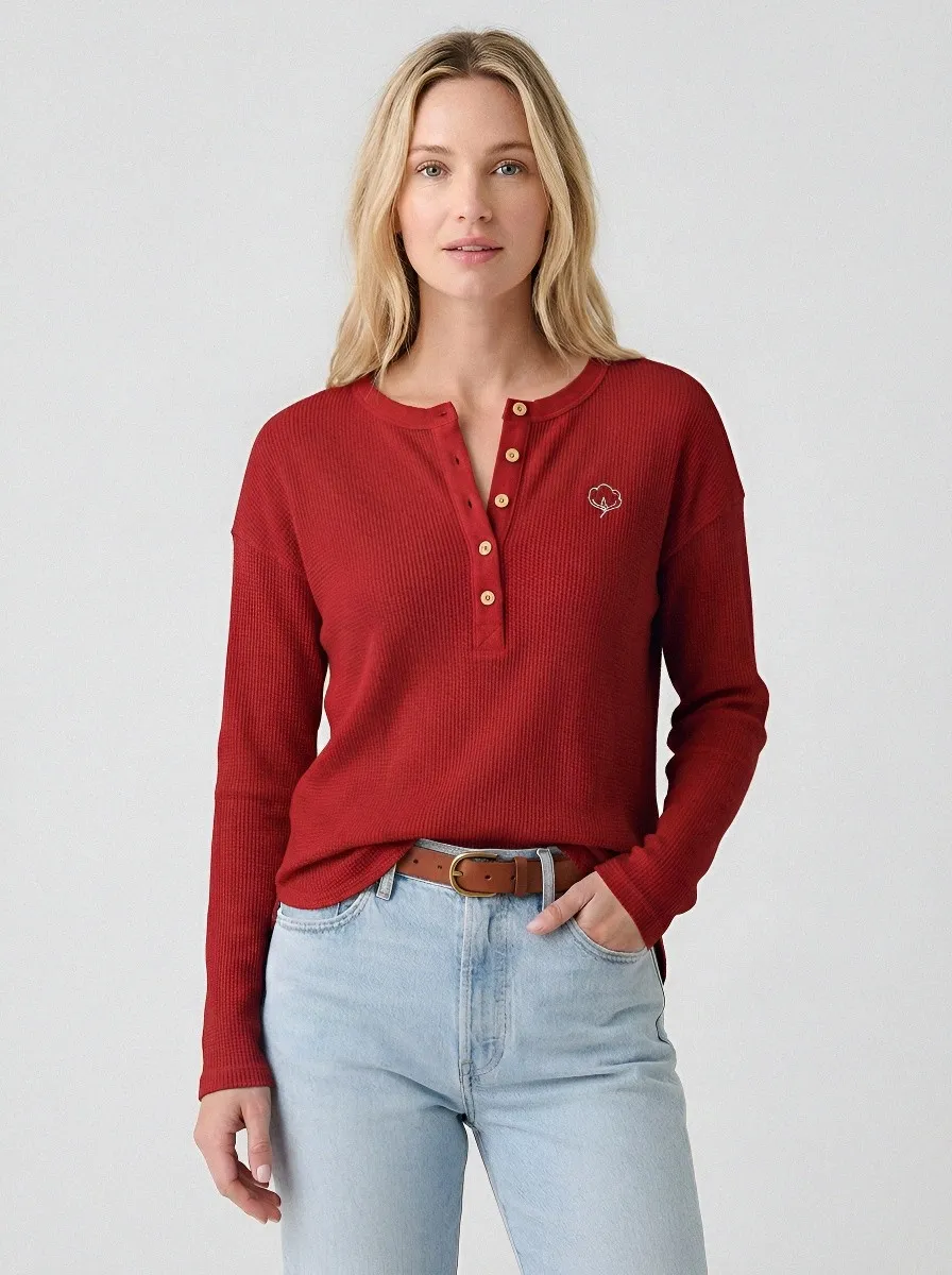 Women's Minimalist Cotton Flower Printed Waffle Henley Shirt