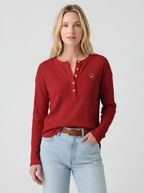 Women's Minimalist Cotton Flower Printed Waffle Henley Shirt