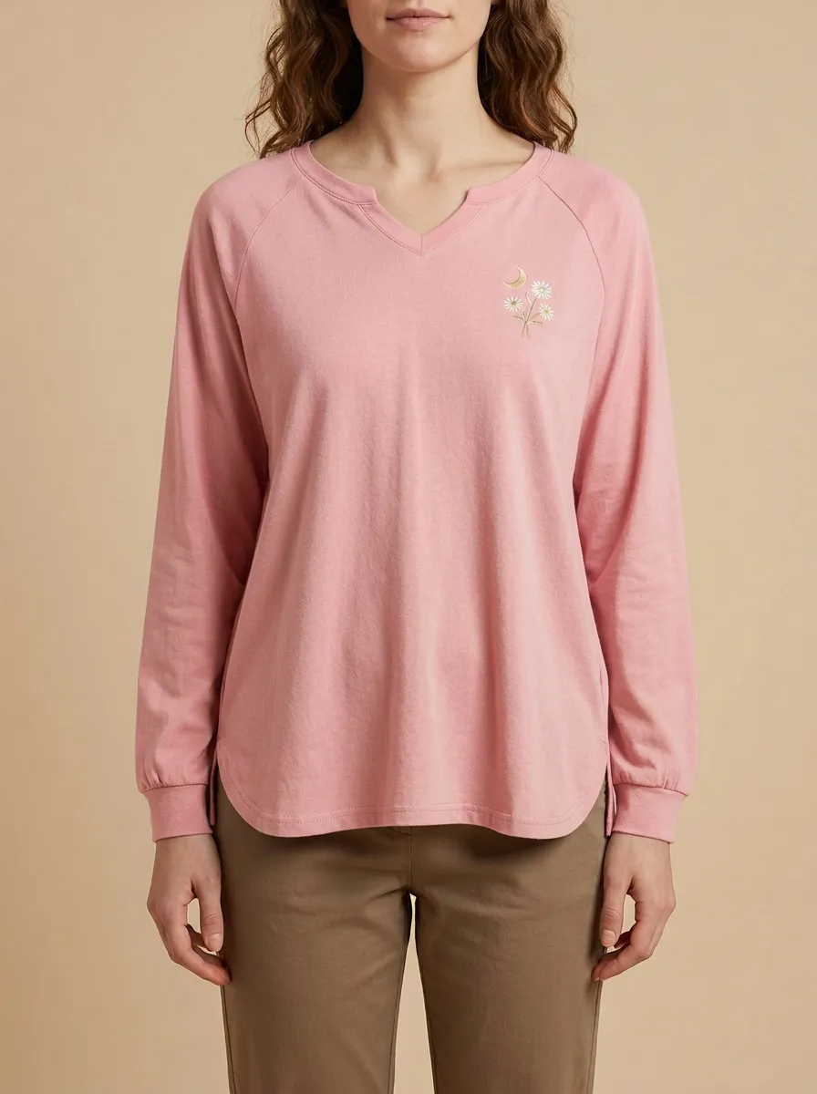 Women's Floral Embroidered Raglan Long-Sleeve Top