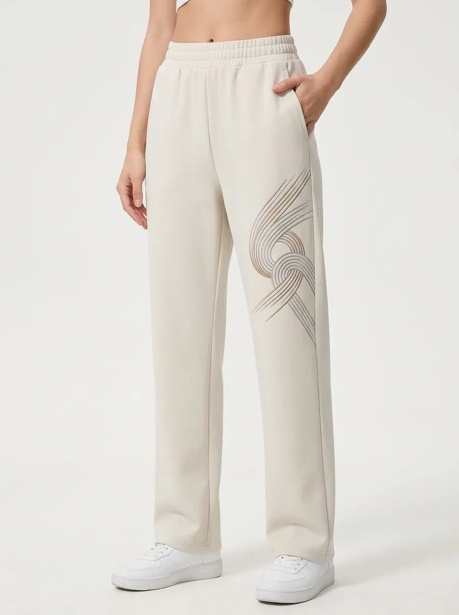 Women's Beige Embroidered Graphic Sweatpants