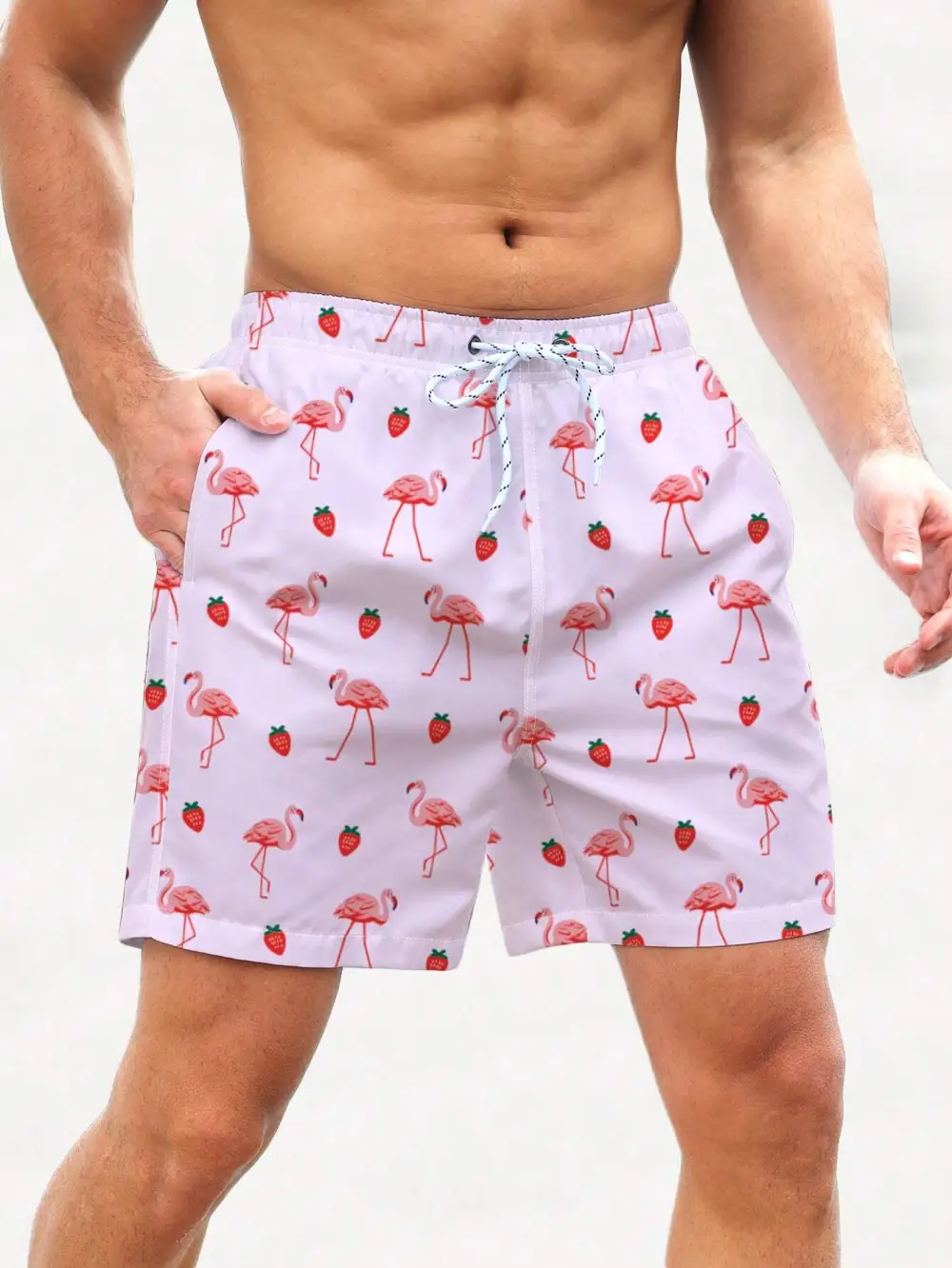 Men's Boho Flamingo Drawstring Allover Print Beach Shorts