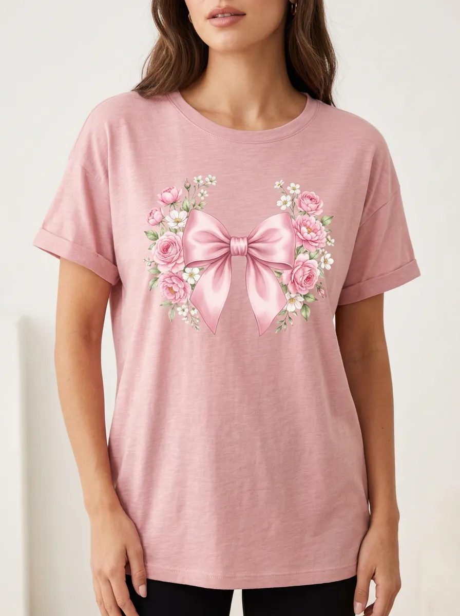 Women's Breast Cancer Awareness Pink Bow Floral Printed T-shirt