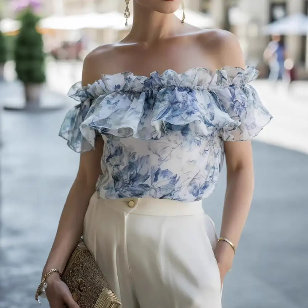 Printed Chiffon Off Shoulder Top