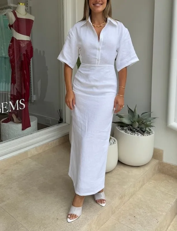 White Ruched Midi Dress