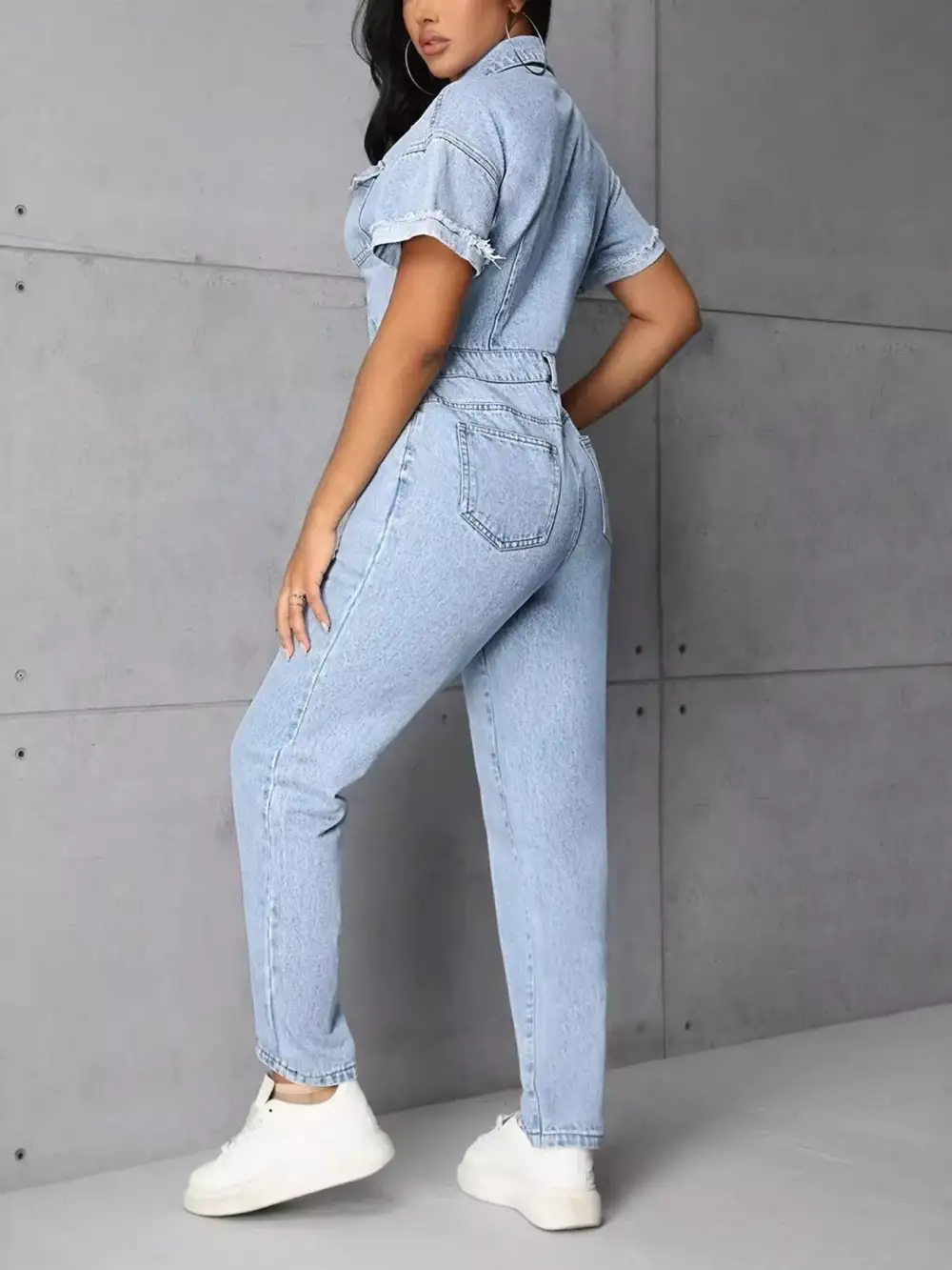 Button Front Short Sleeve Jumpsuit Denim Pants