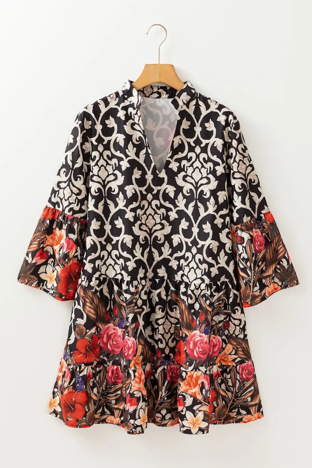 Retro Floral Mixed Print Split Neck A Line Dress