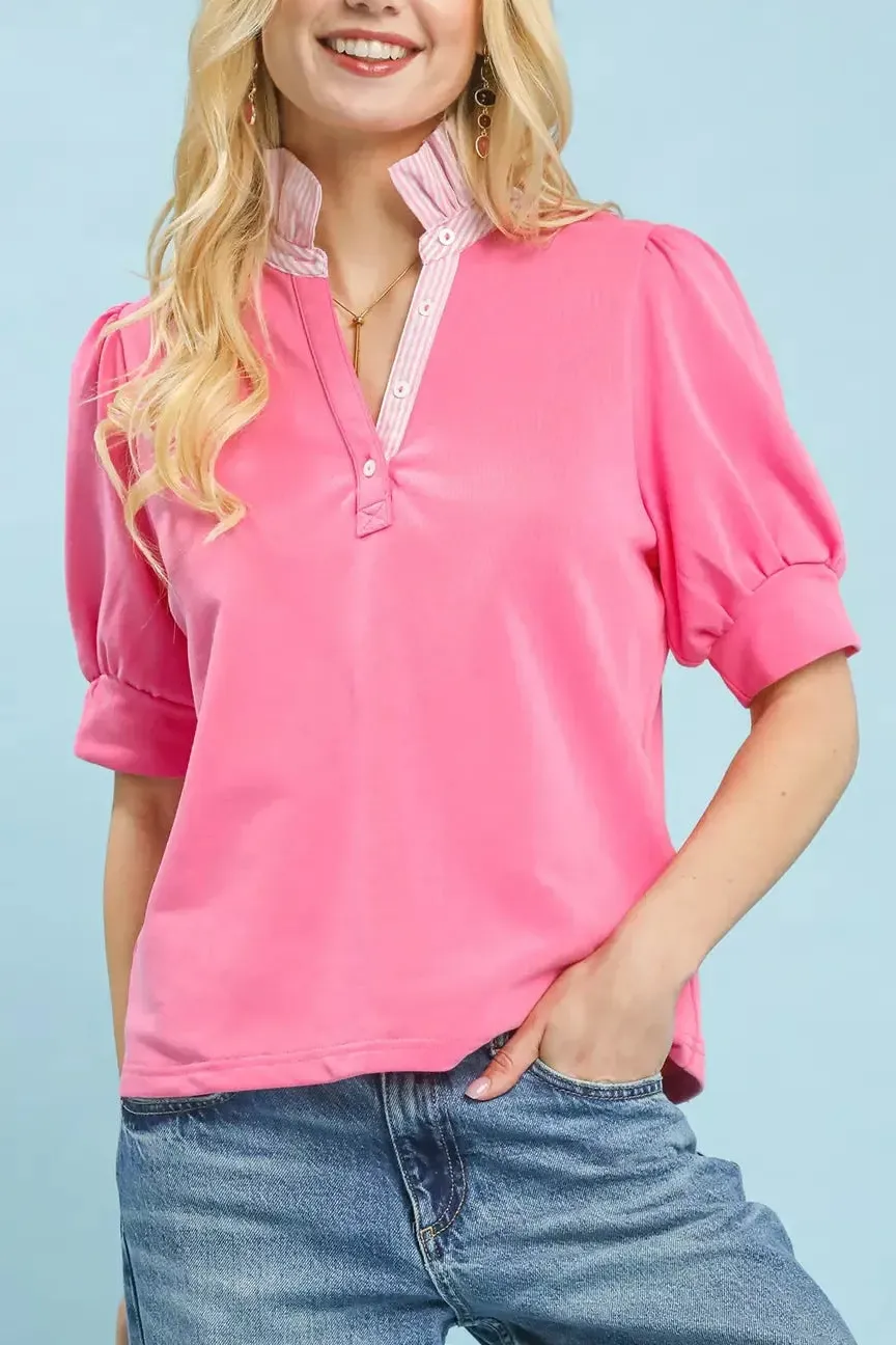 Cotton Striped Collar Popover Top