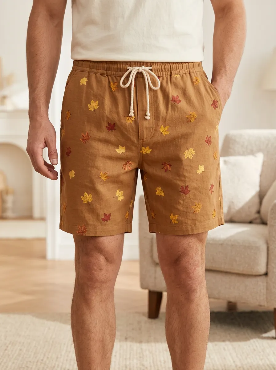 Tan Maple Leaf Print Drawstring Autumnal Shorts