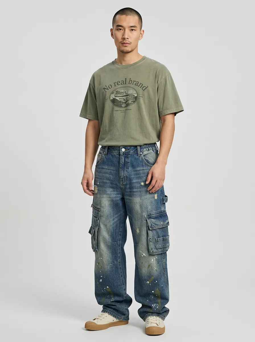 Men's Streetwear Distressed Paint Splatter Multi-Pocket Cargo Jeans