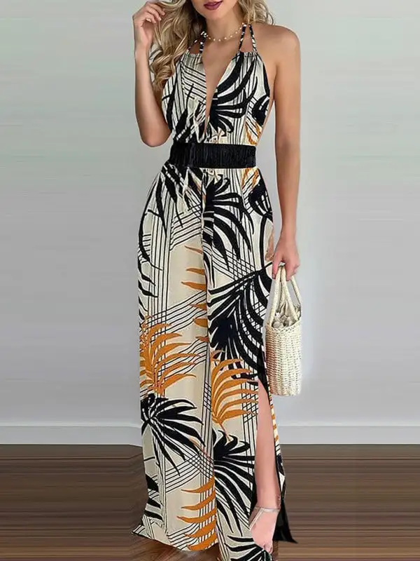 Irregular Printed Halter Neck Jumpsuit